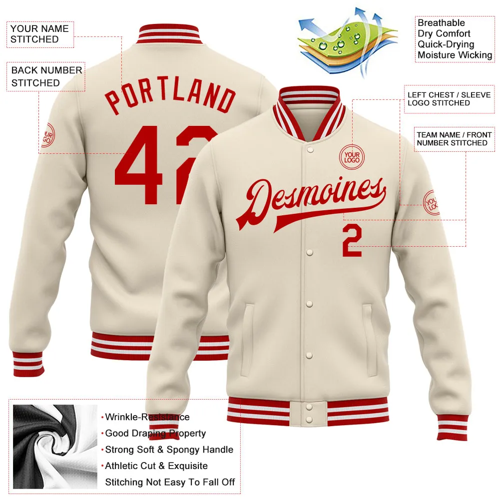 Custom Cream Red-White Bomber Full-Snap Varsity Letterman Jacket