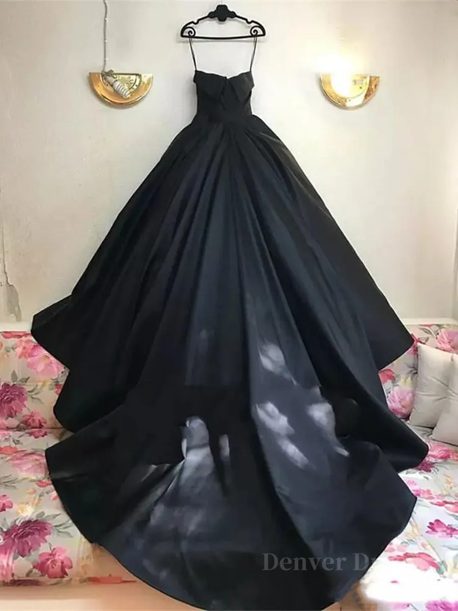 Custom Made Thin Straps Sweetheart Neck Black Ball Gown Black Long Prom Dresses Evening Dresses