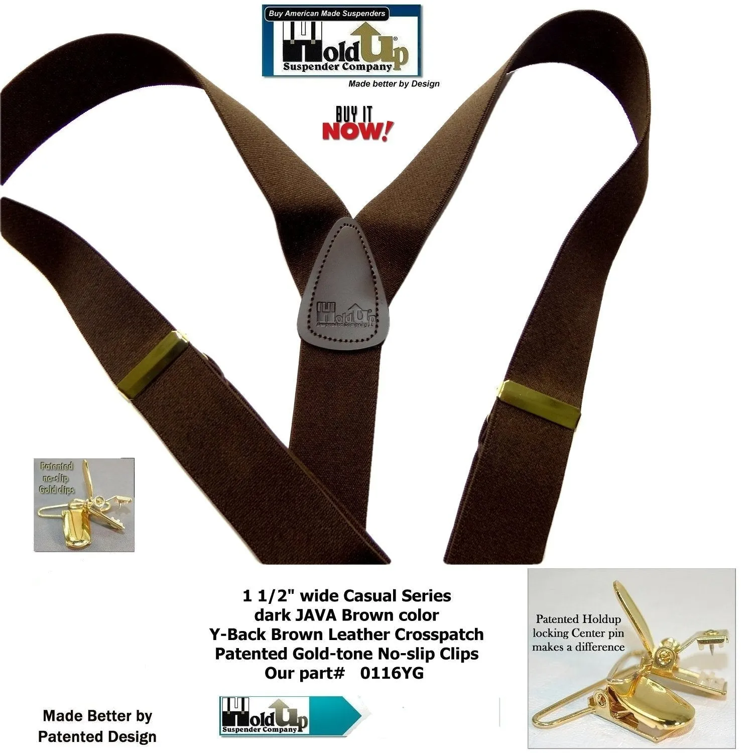 Dark Java Brown Casual Series Holdup Y-back Suspenders with Patented No-slip Gold-tone Clips