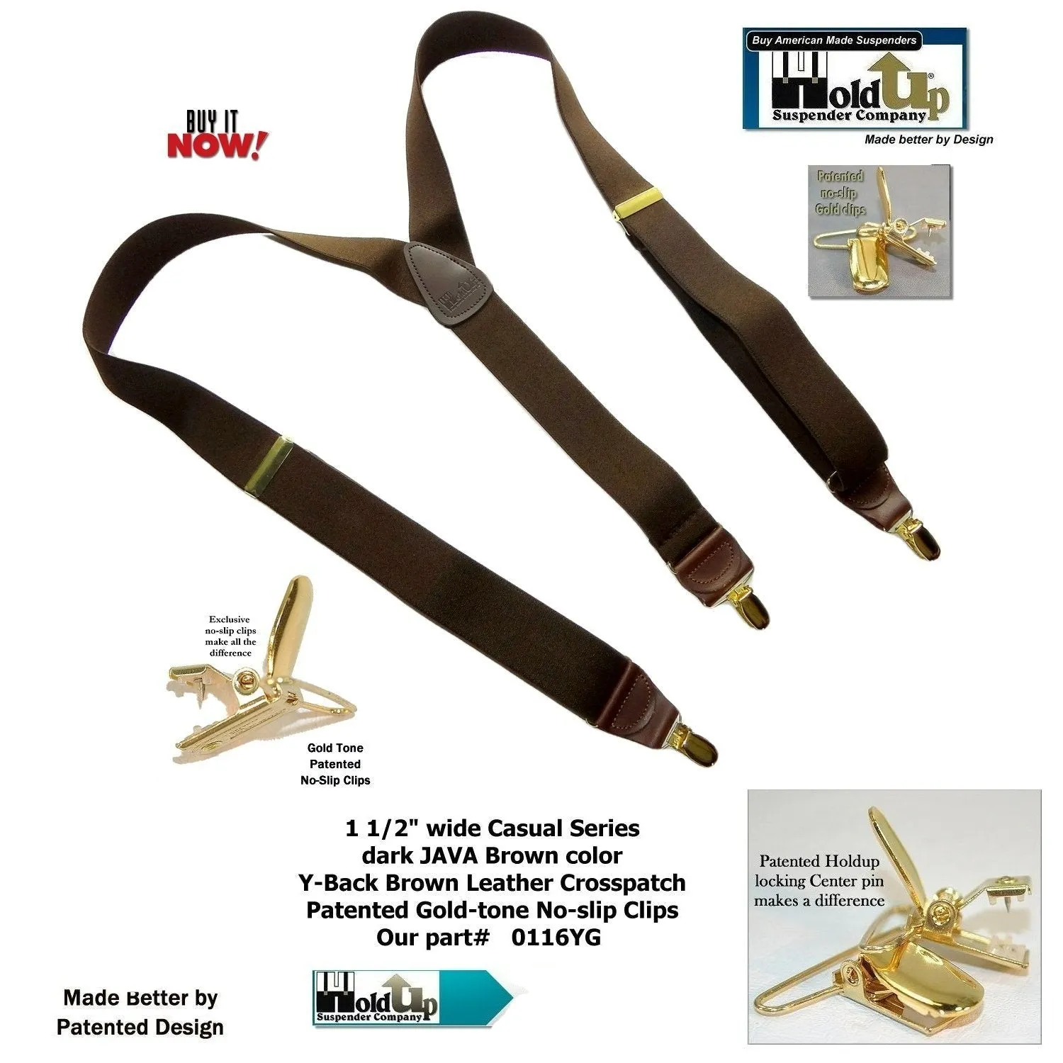 Dark Java Brown Casual Series Holdup Y-back Suspenders with Patented No-slip Gold-tone Clips