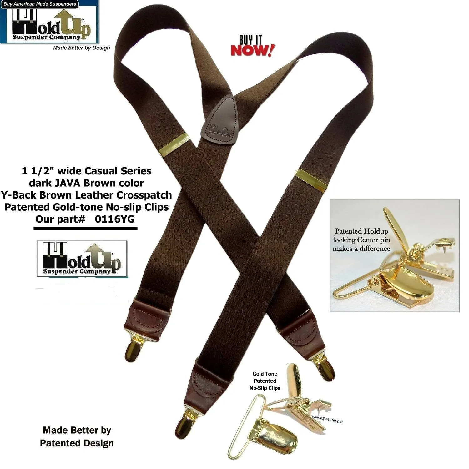 Dark Java Brown Casual Series Holdup Y-back Suspenders with Patented No-slip Gold-tone Clips