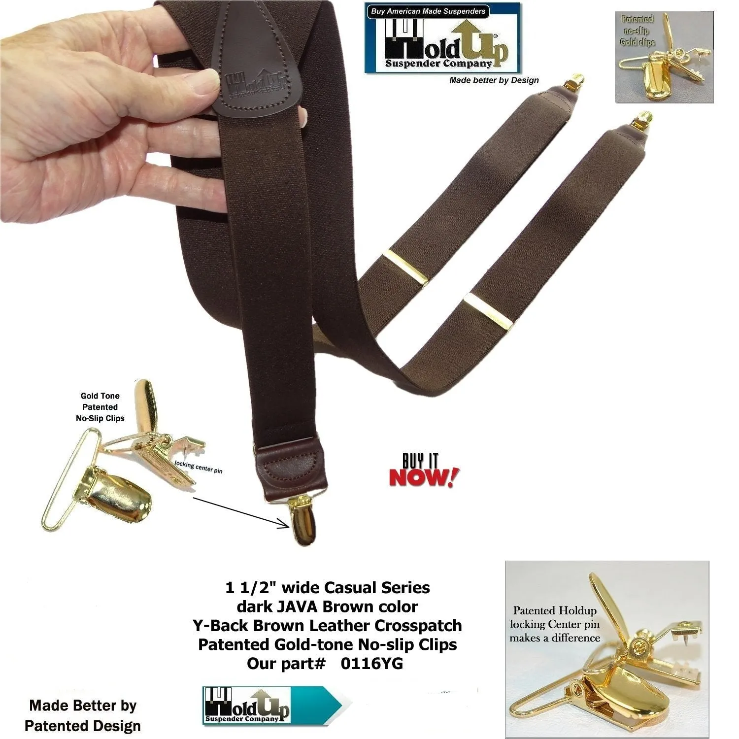 Dark Java Brown Casual Series Holdup Y-back Suspenders with Patented No-slip Gold-tone Clips