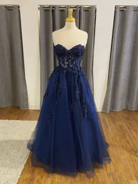 Dark Navy Long A-line Tulle Lace Backless Formal Prom Dresses