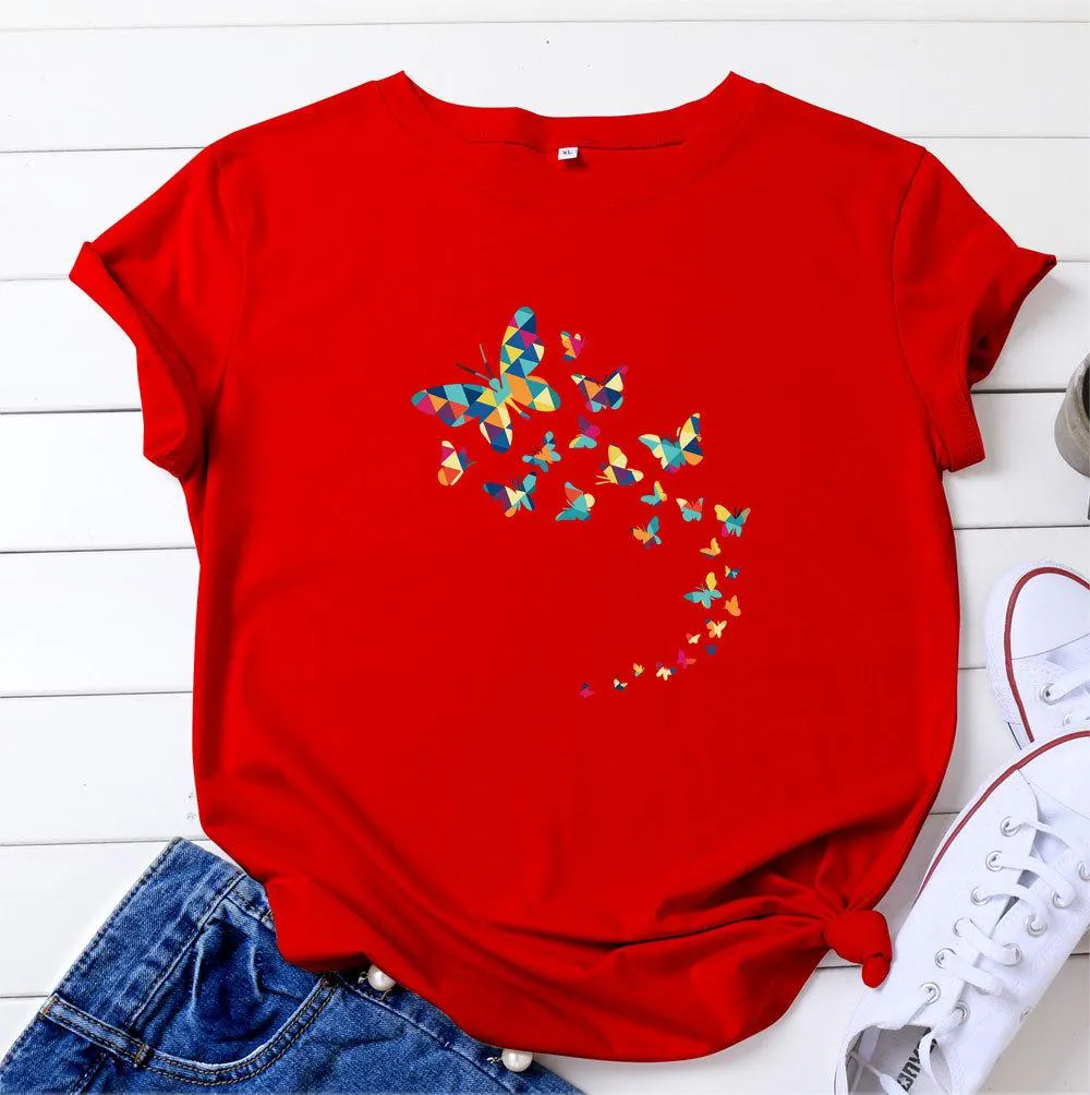 Fashion European and American butterfly print cotton short-sleeved T-shirt