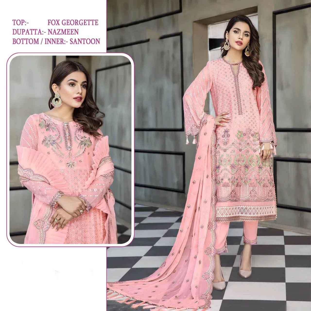 Faux Georgette Pakistani Unstitched Pink Salwar Suits