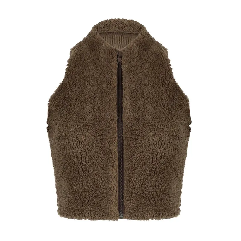 Fluffy Sleeveless Faux Fur Jacket Short Brown Vintage Fashion Y2K Bodycon Vest Jacket Zip-Up Coat Autumn Warm Outwear