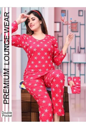 Full Sleeves Hosiery Cotton Ladies Night Suits Red