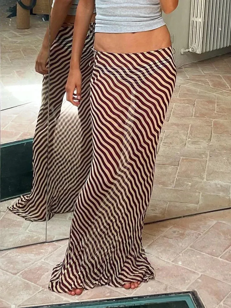 Girlary Waves Striped Skirts Women Sexy See Through Chiffon Long Skirts Summer Fashion High Waist Holidays Party Beach Skirts 2024