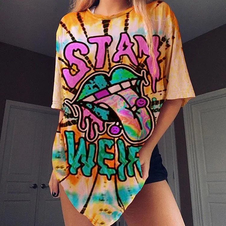 Graffiti print short-sleeved mid-length loose-fitting trendy street women's T-shirt