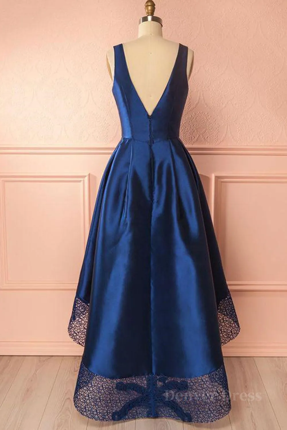 High Low V Neck Blue Satin Prom Dresses Open Back Blue Formal Dresses Blue Evening Dresses