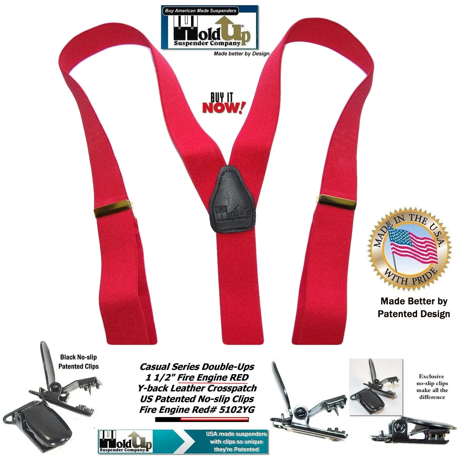 Holdup Brand Bright Fire Engine Red Dual Clip Pant Y-back Suspenders With Patented No-Slip Black Clips