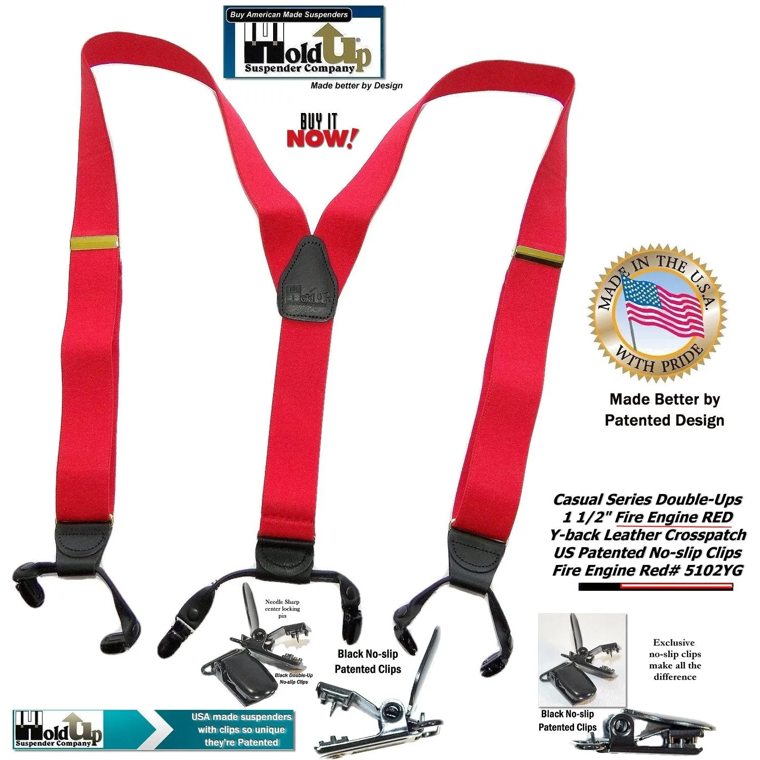 Holdup Brand Bright Fire Engine Red Dual Clip Pant Y-back Suspenders With Patented No-Slip Black Clips