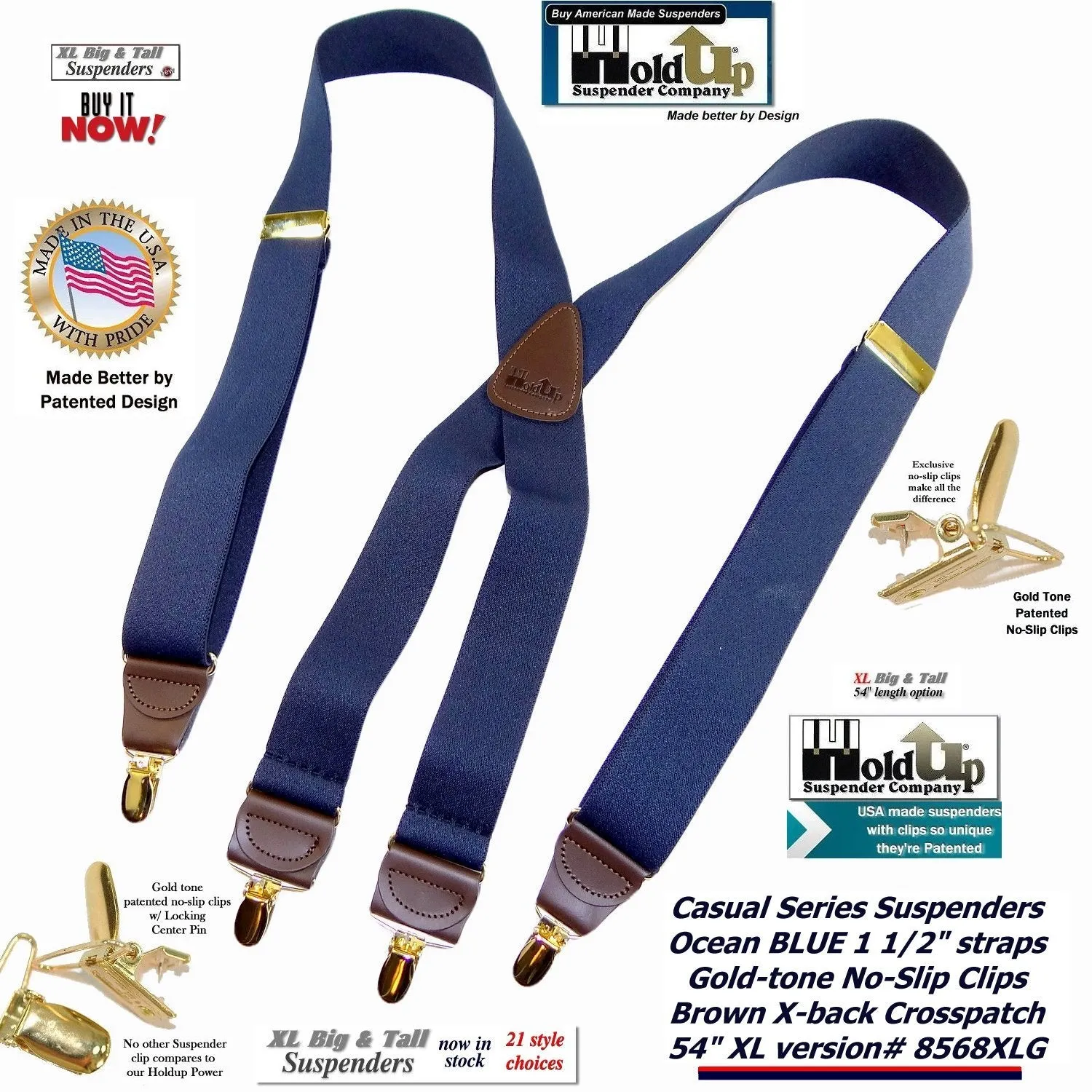 HoldUp Brand XL Dark Ocean Blue Holdup X-back suspenders for the Big and Tall man with gold tone patented no-slip clips