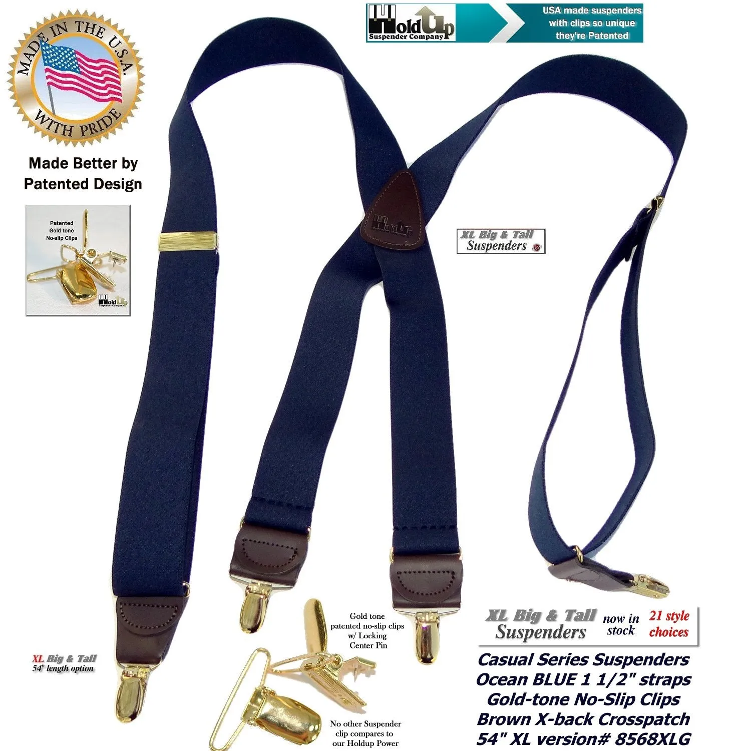 HoldUp Brand XL Dark Ocean Blue Holdup X-back suspenders for the Big and Tall man with gold tone patented no-slip clips