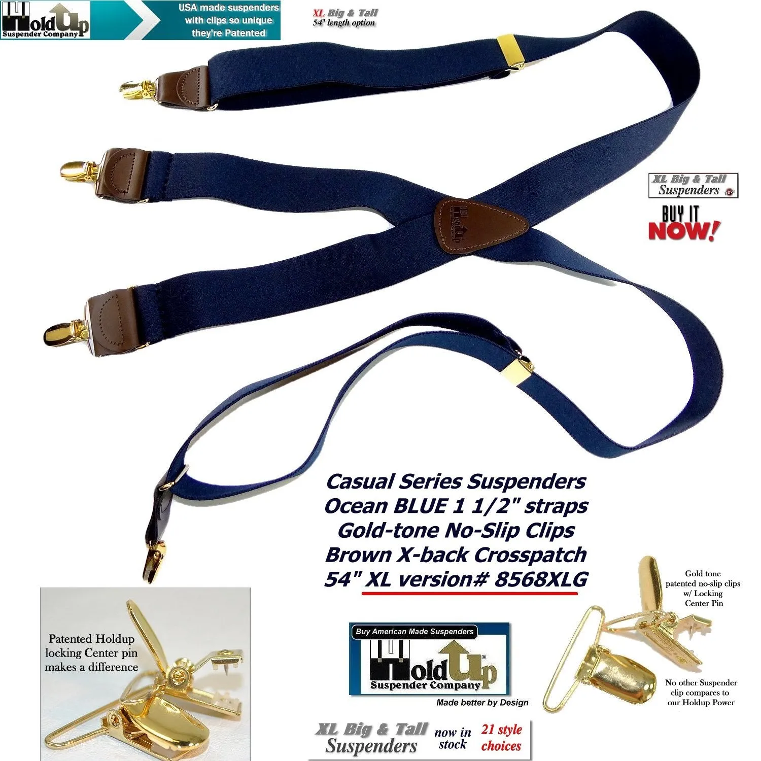 HoldUp Brand XL Dark Ocean Blue Holdup X-back suspenders for the Big and Tall man with gold tone patented no-slip clips