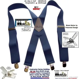 Holdup Suspender Company Extra Long XL Navy Blue wide work Suspenders with Jumbo Silver tone No-slip Clips