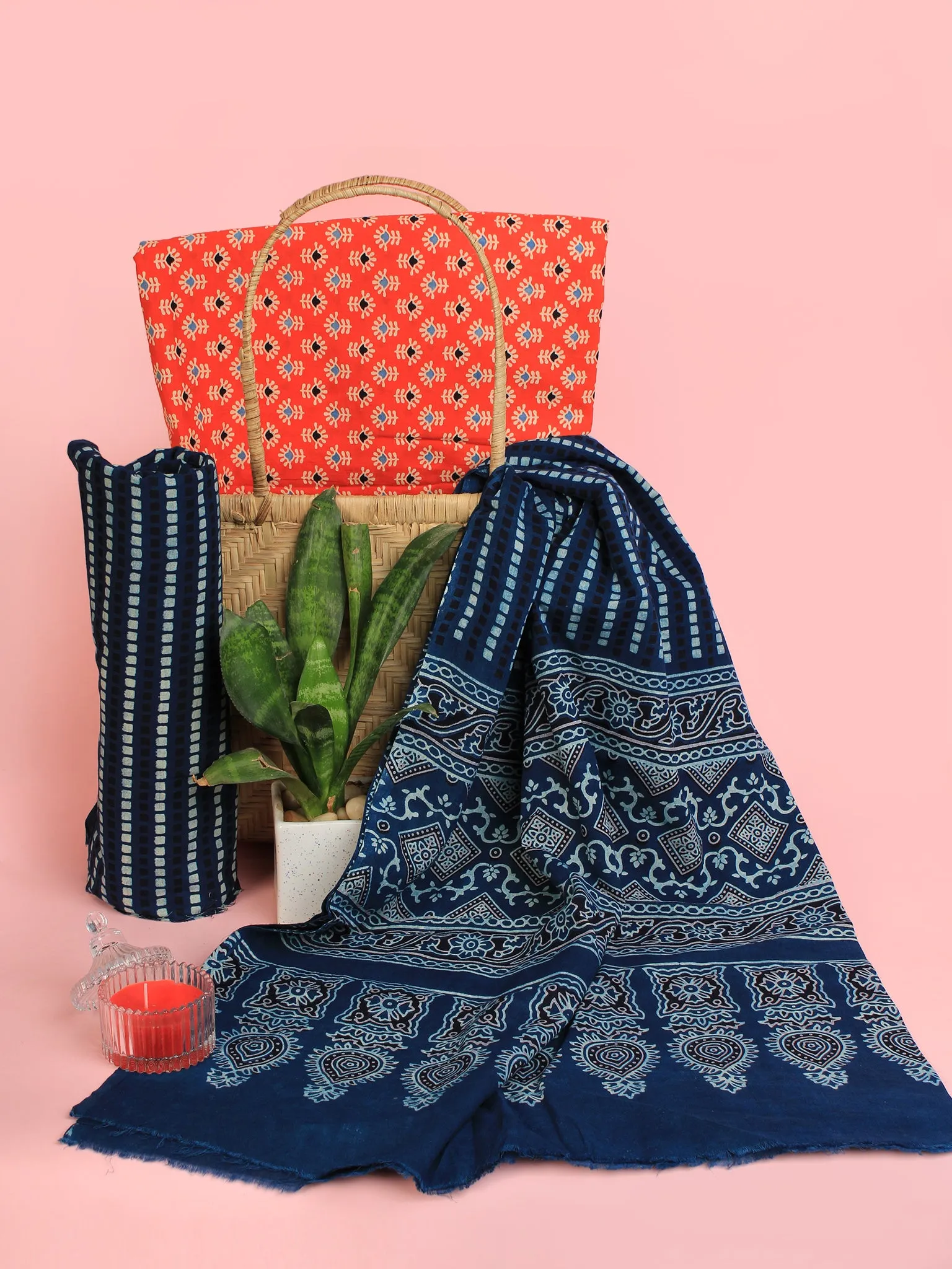 Indigo Tangerine Ivory Ajrakh Hand Block Printed Suit Set (Set of 3) - SU01HB457