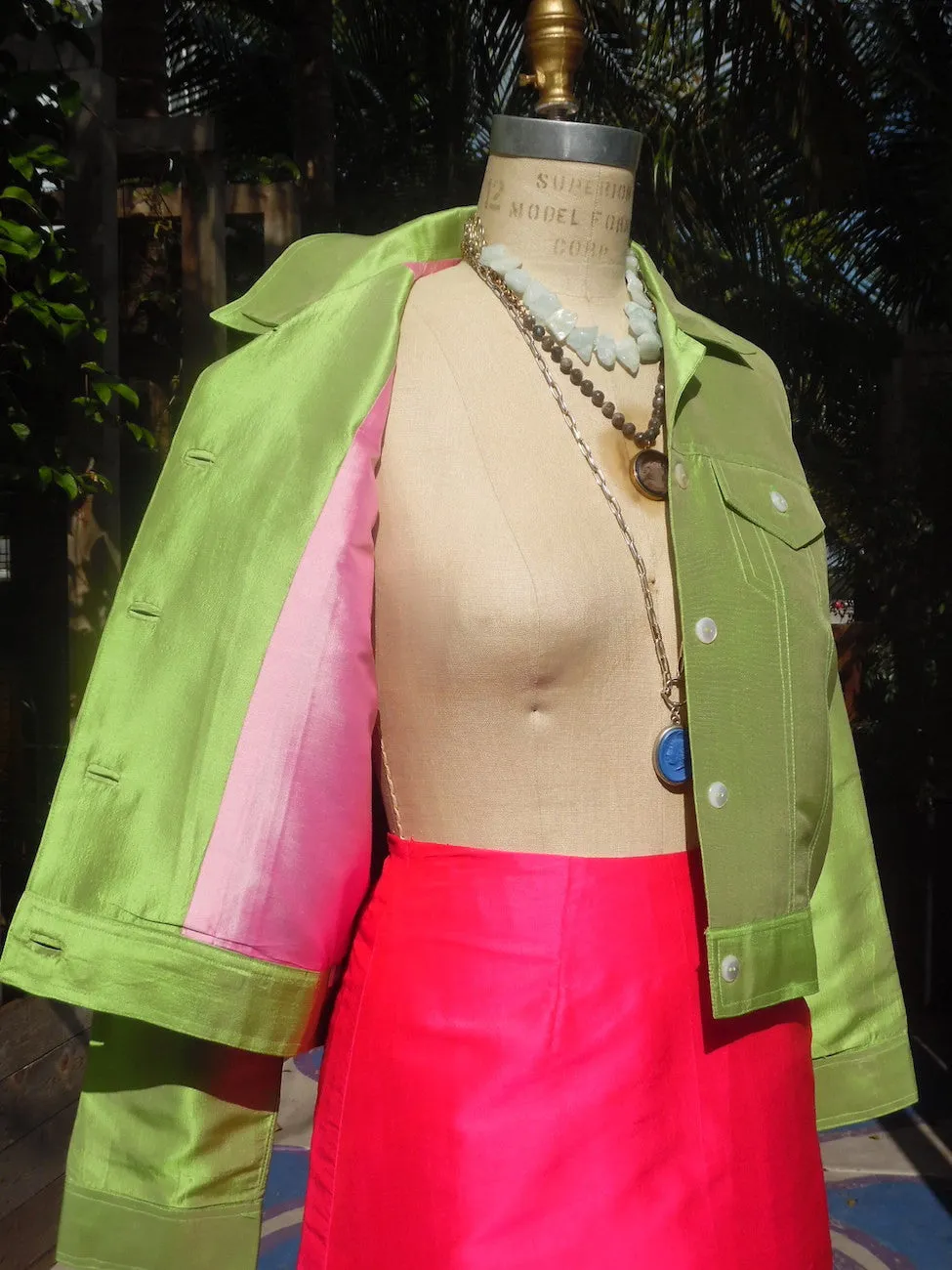 Jean Jacket Thai Silk And Mother Of Pearl Lime Candy Pink