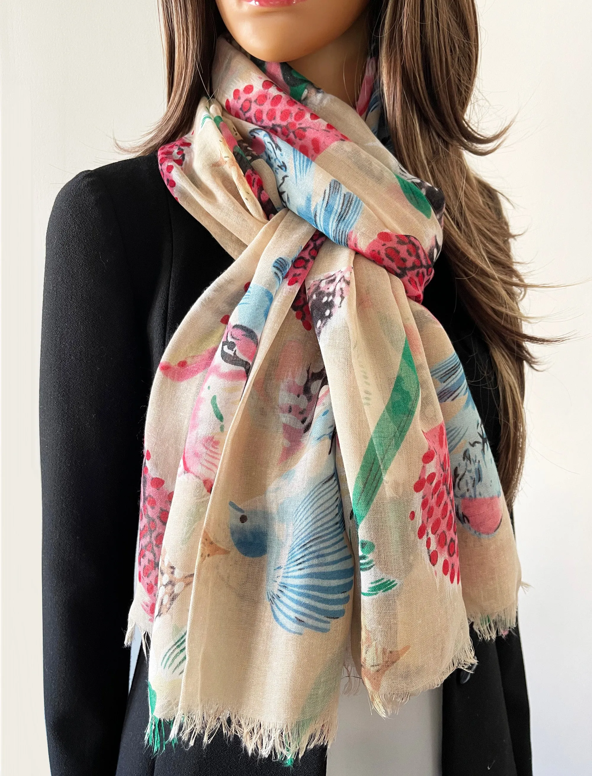 LIGHTWEIGHT BEIGE BIRDS AND FEATHERS SCARF