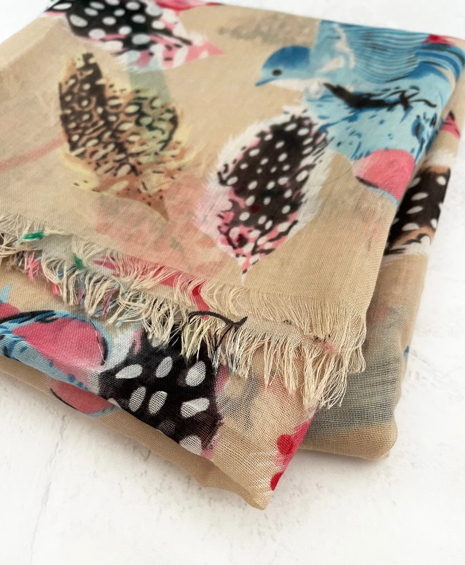 LIGHTWEIGHT BEIGE BIRDS AND FEATHERS SCARF