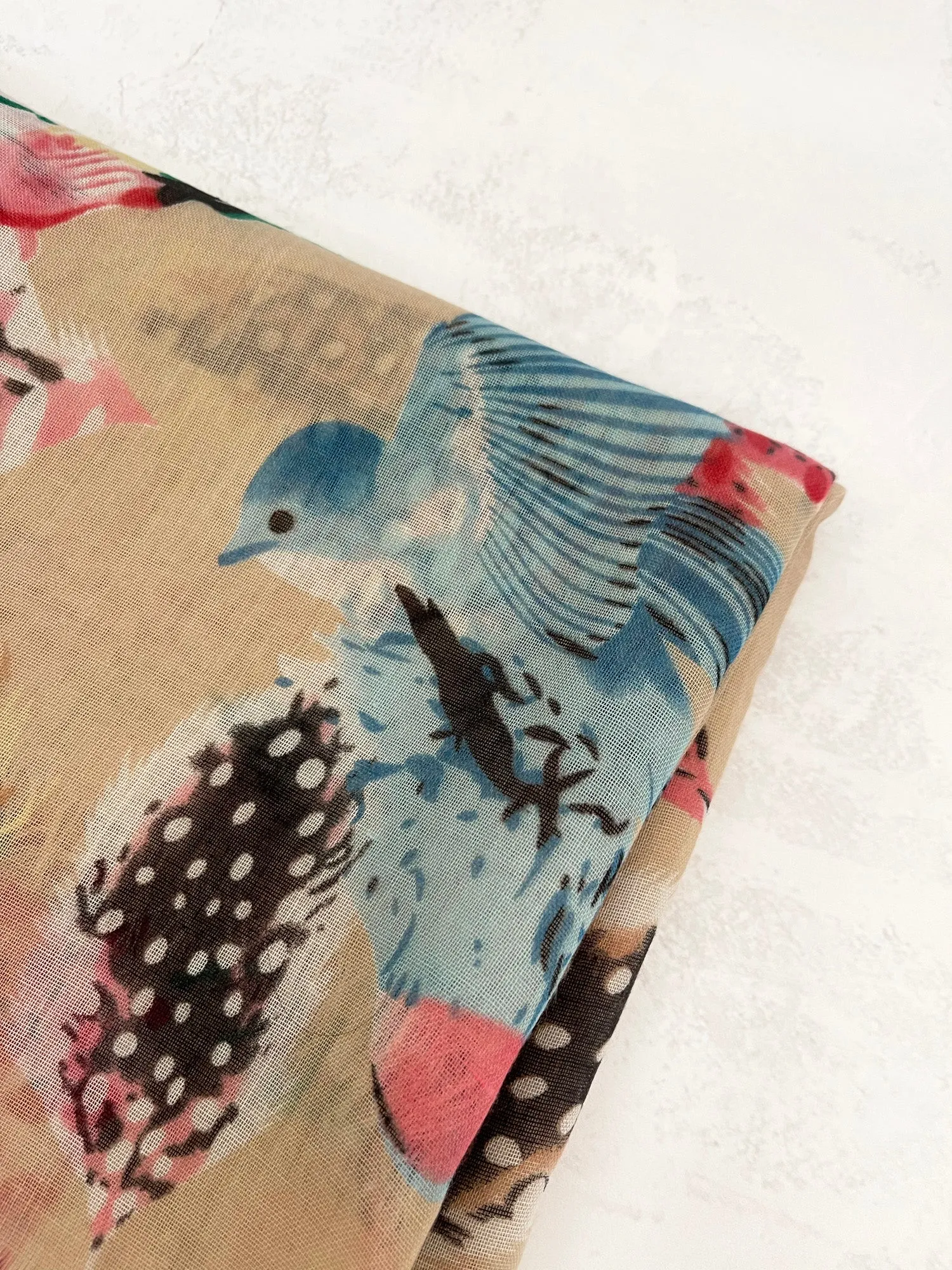 LIGHTWEIGHT BEIGE BIRDS AND FEATHERS SCARF