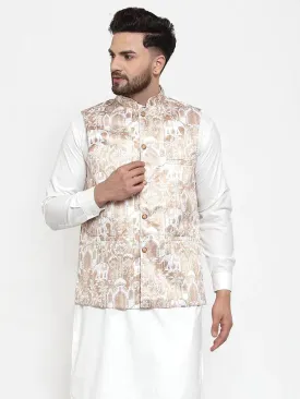 Men Beige Printed Satin Nehru Jacket