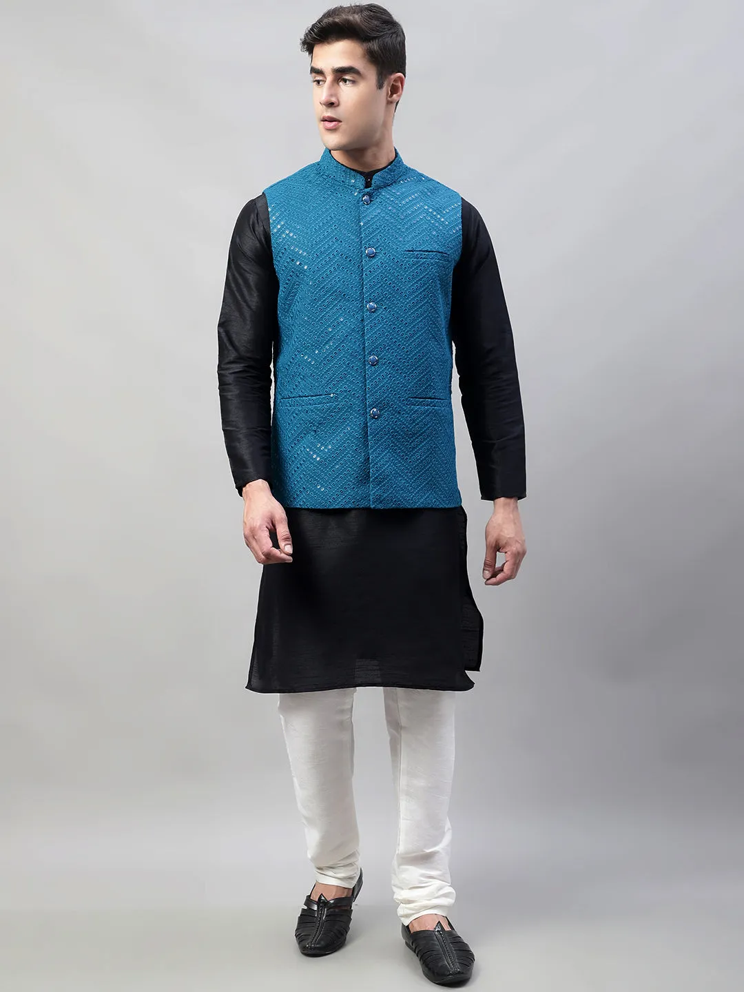 Men Black Solid Kurta Pyjama with  Blue Embroidered Nehru Jacket