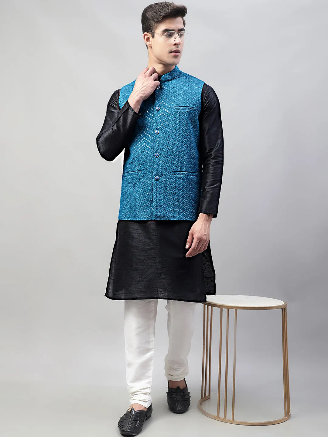 Men Black Solid Kurta Pyjama with  Blue Embroidered Nehru Jacket