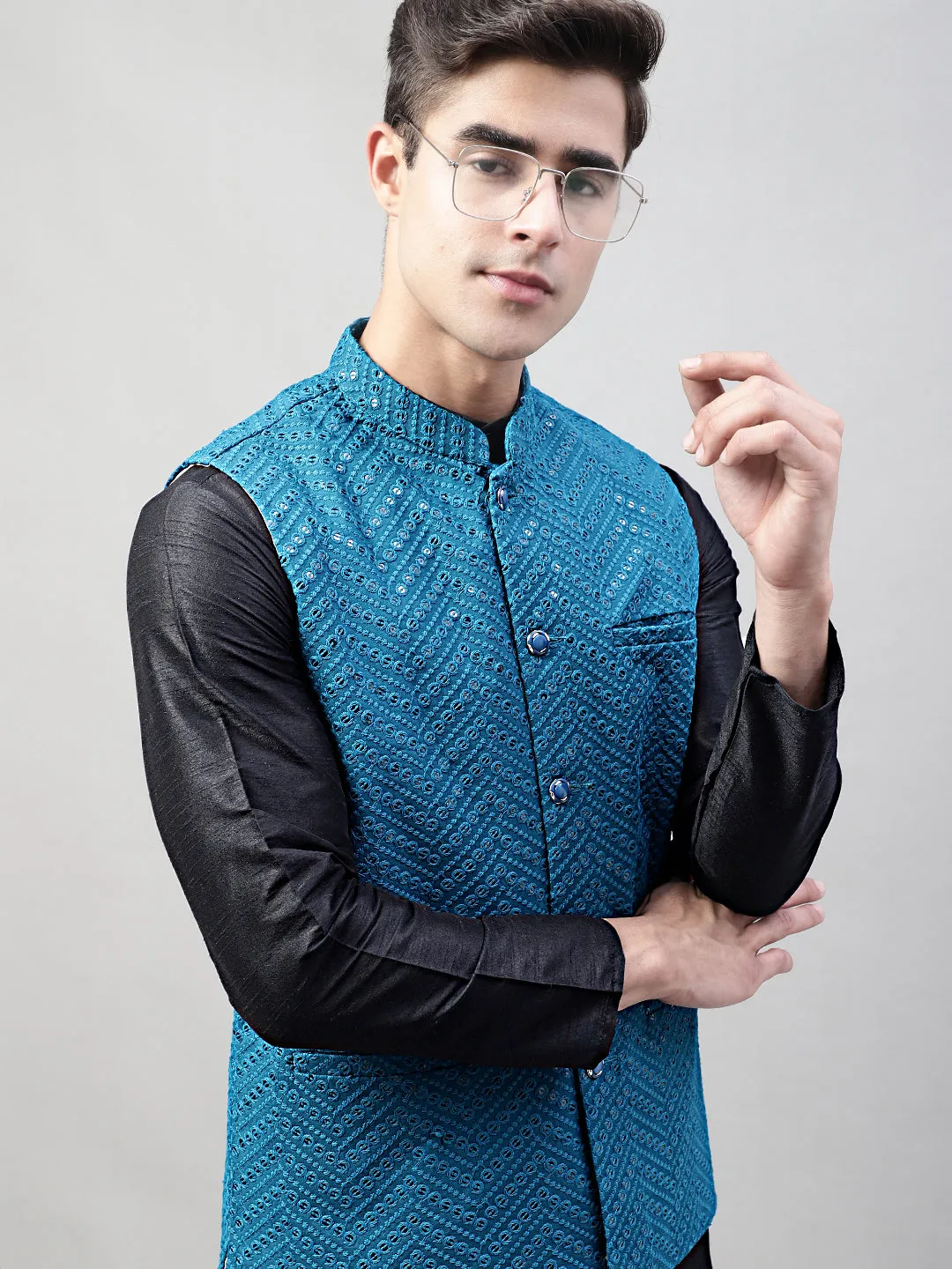 Men Black Solid Kurta Pyjama with  Blue Embroidered Nehru Jacket