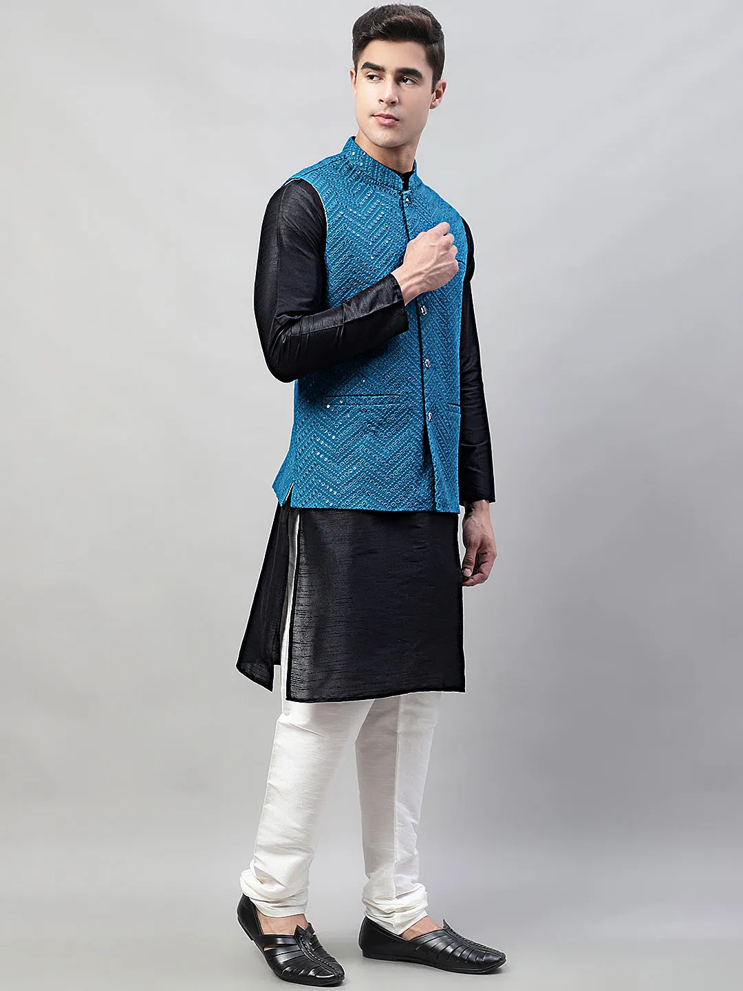 Men Black Solid Kurta Pyjama with  Blue Embroidered Nehru Jacket