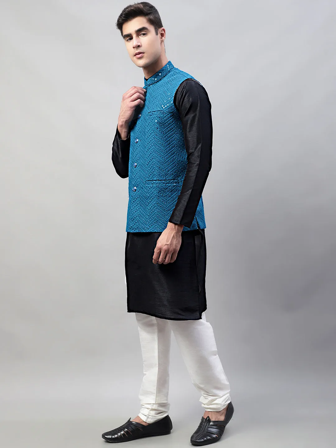 Men Black Solid Kurta Pyjama with  Blue Embroidered Nehru Jacket