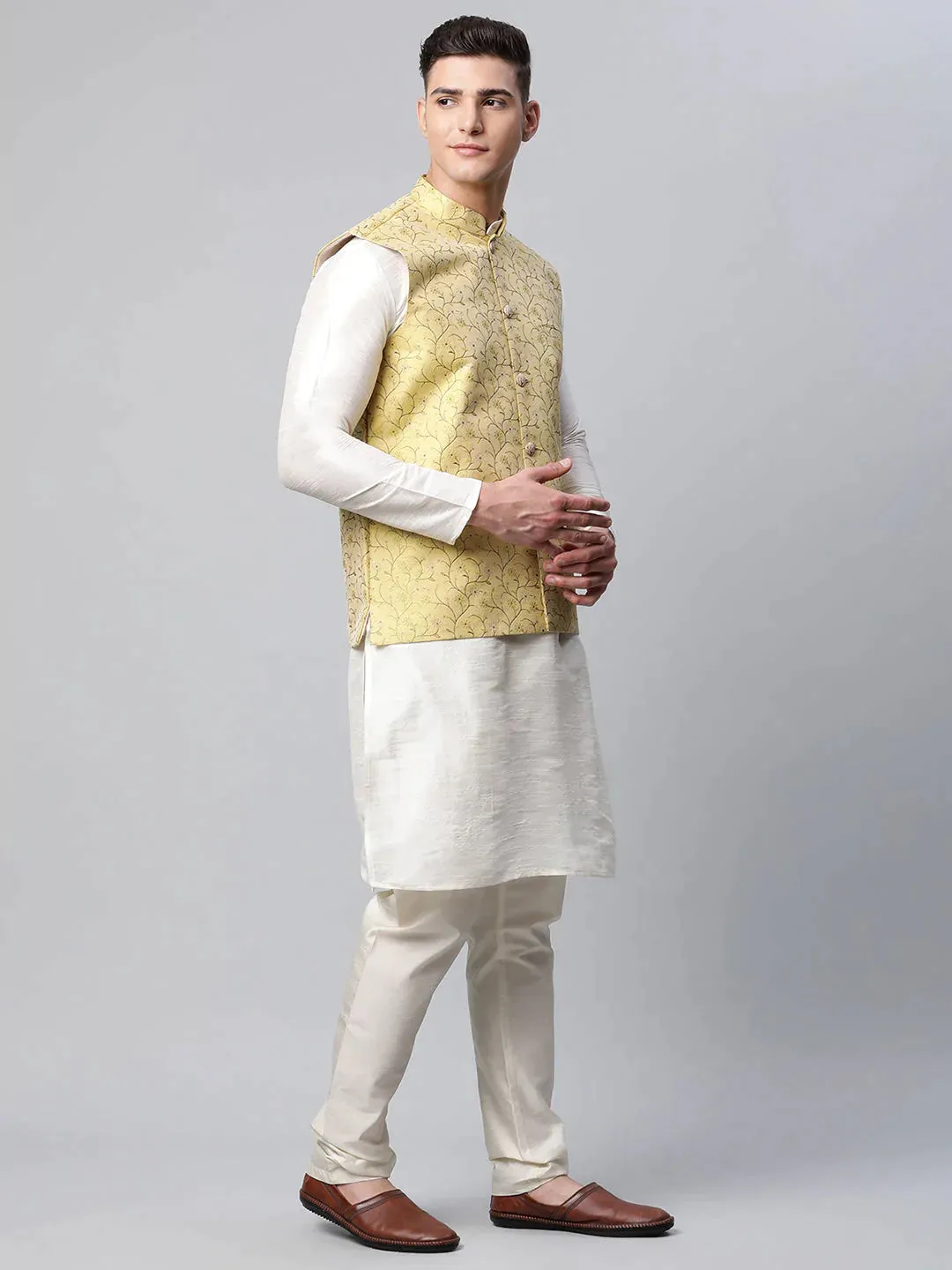 Men Dupion Silk Kurta Pyjama With Lemon Printed Nehru Jacket