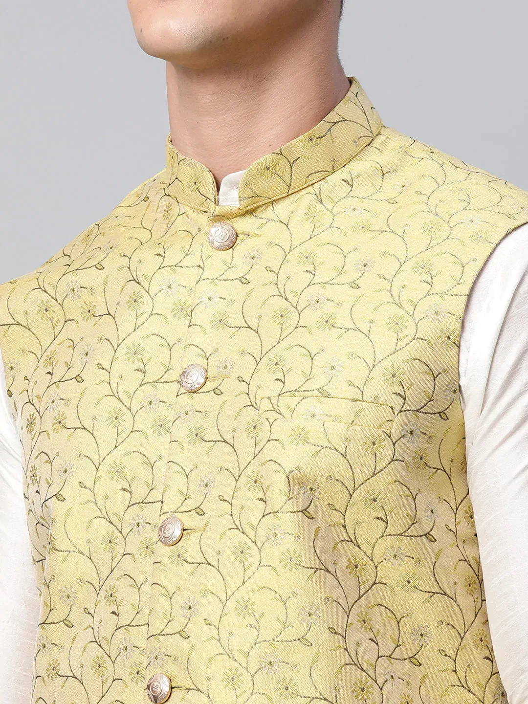 Men Dupion Silk Kurta Pyjama With Lemon Printed Nehru Jacket