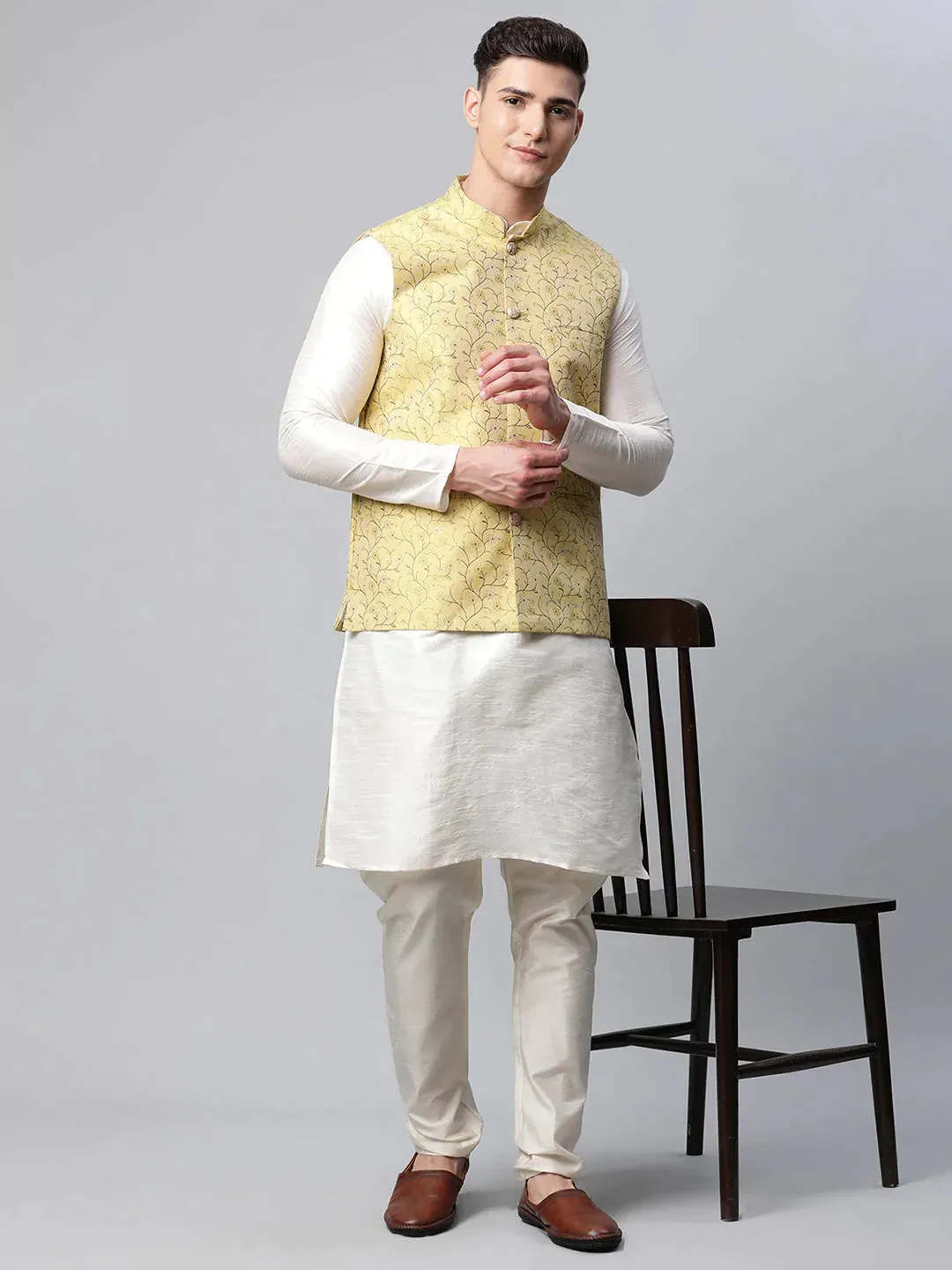 Men Dupion Silk Kurta Pyjama With Lemon Printed Nehru Jacket