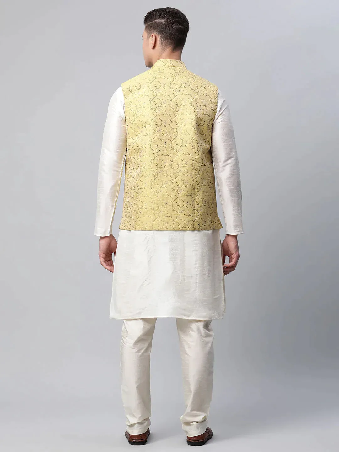 Men Dupion Silk Kurta Pyjama With Lemon Printed Nehru Jacket