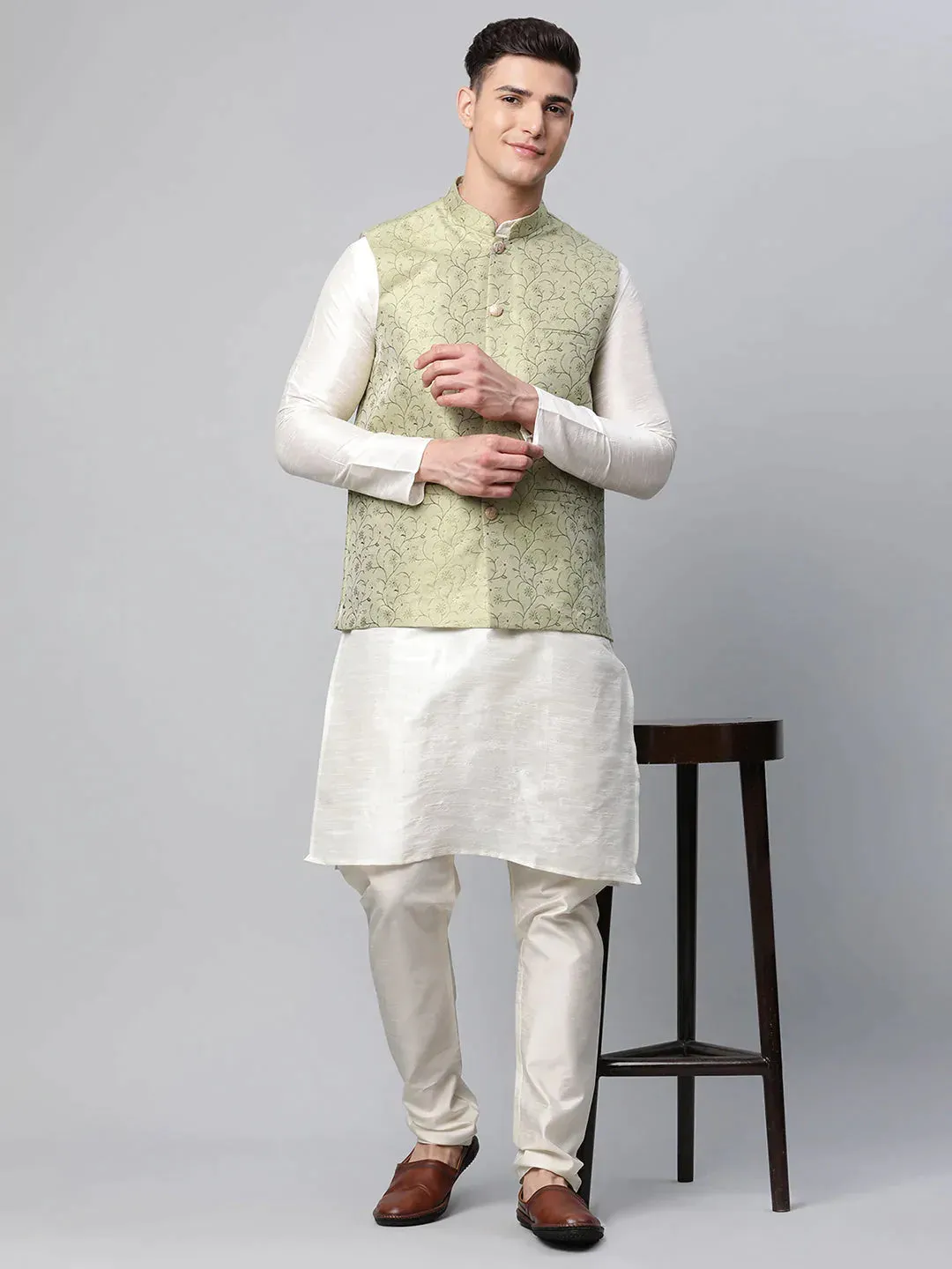 Men Dupion Silk Kurta Pyjama With Pista Green Printed Nehru Jacket