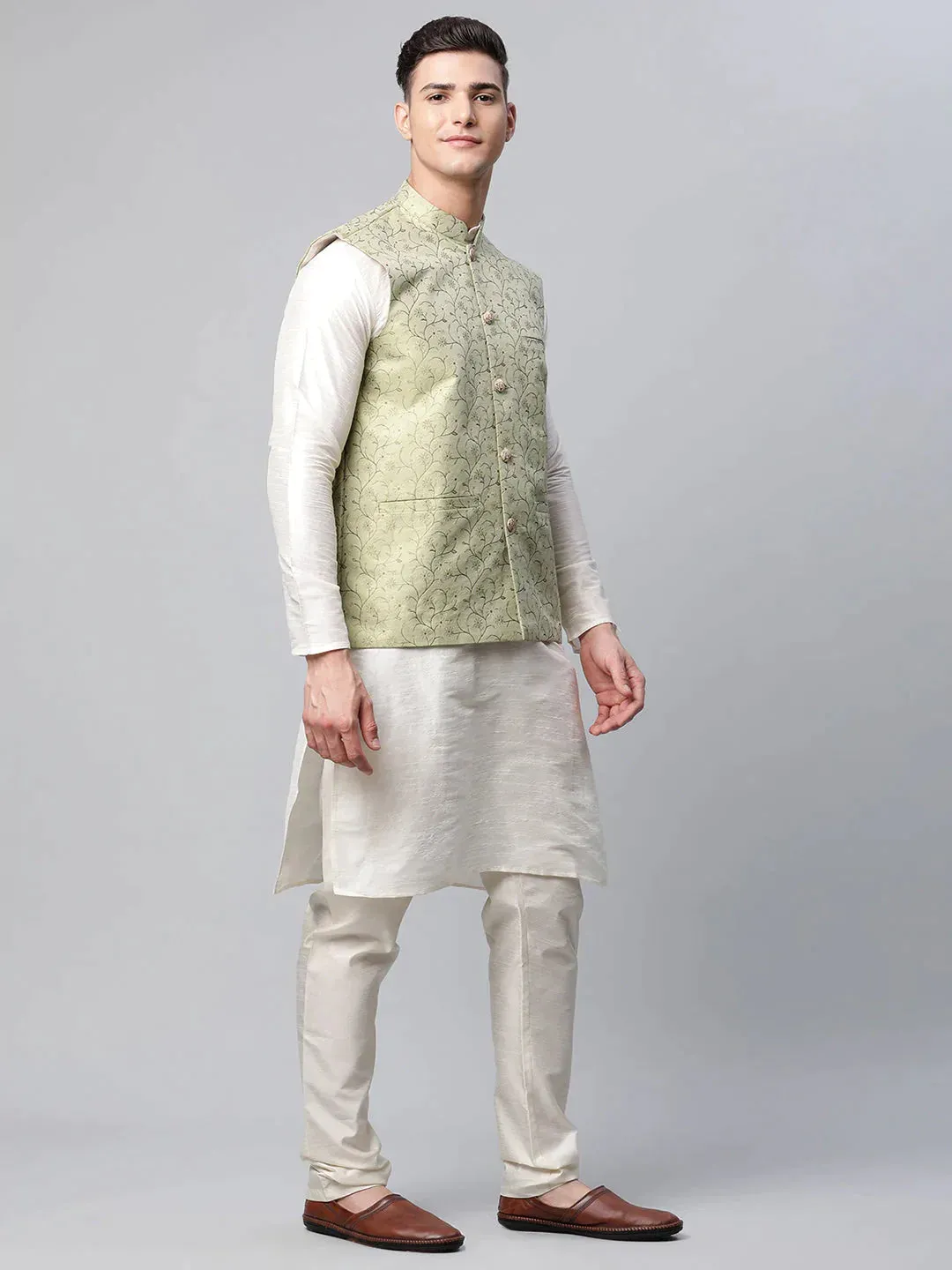 Men Dupion Silk Kurta Pyjama With Pista Green Printed Nehru Jacket