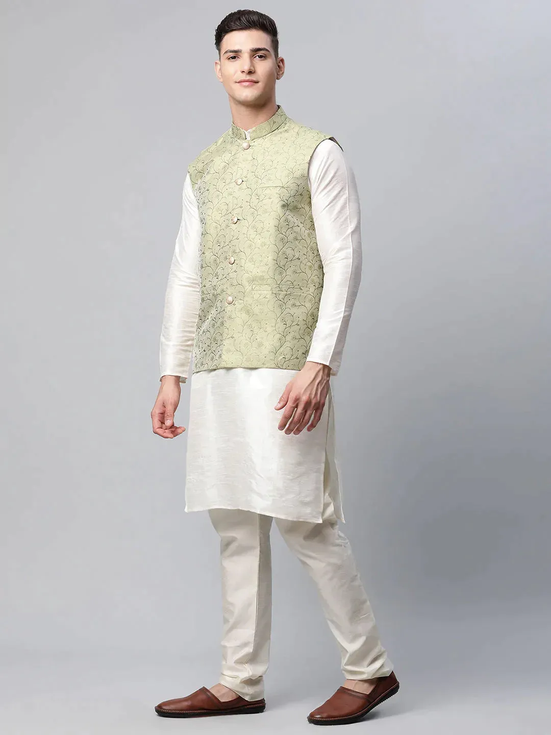 Men Dupion Silk Kurta Pyjama With Pista Green Printed Nehru Jacket