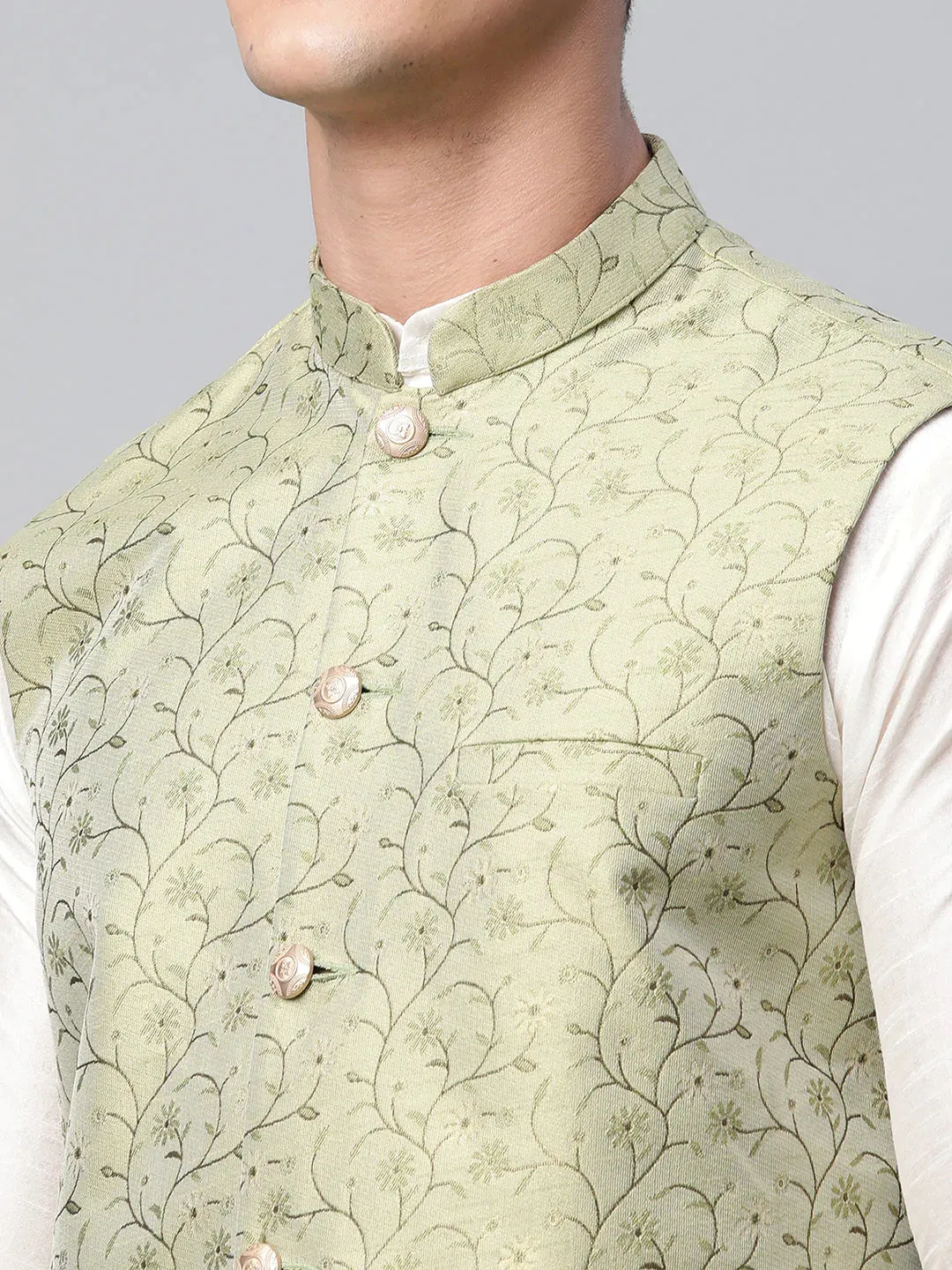 Men Dupion Silk Kurta Pyjama With Pista Green Printed Nehru Jacket