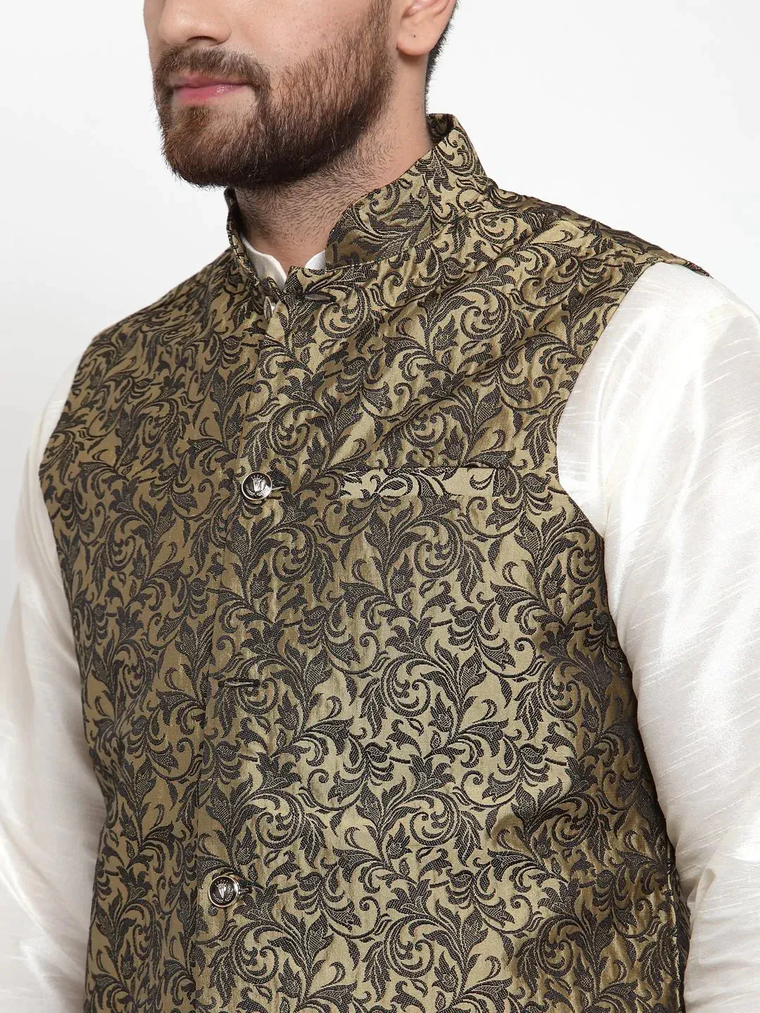 Men Gold-Coloured & Black Woven Design Nehru Jacket