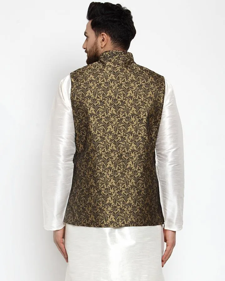 Men Gold-Coloured & Black Woven Design Nehru Jacket