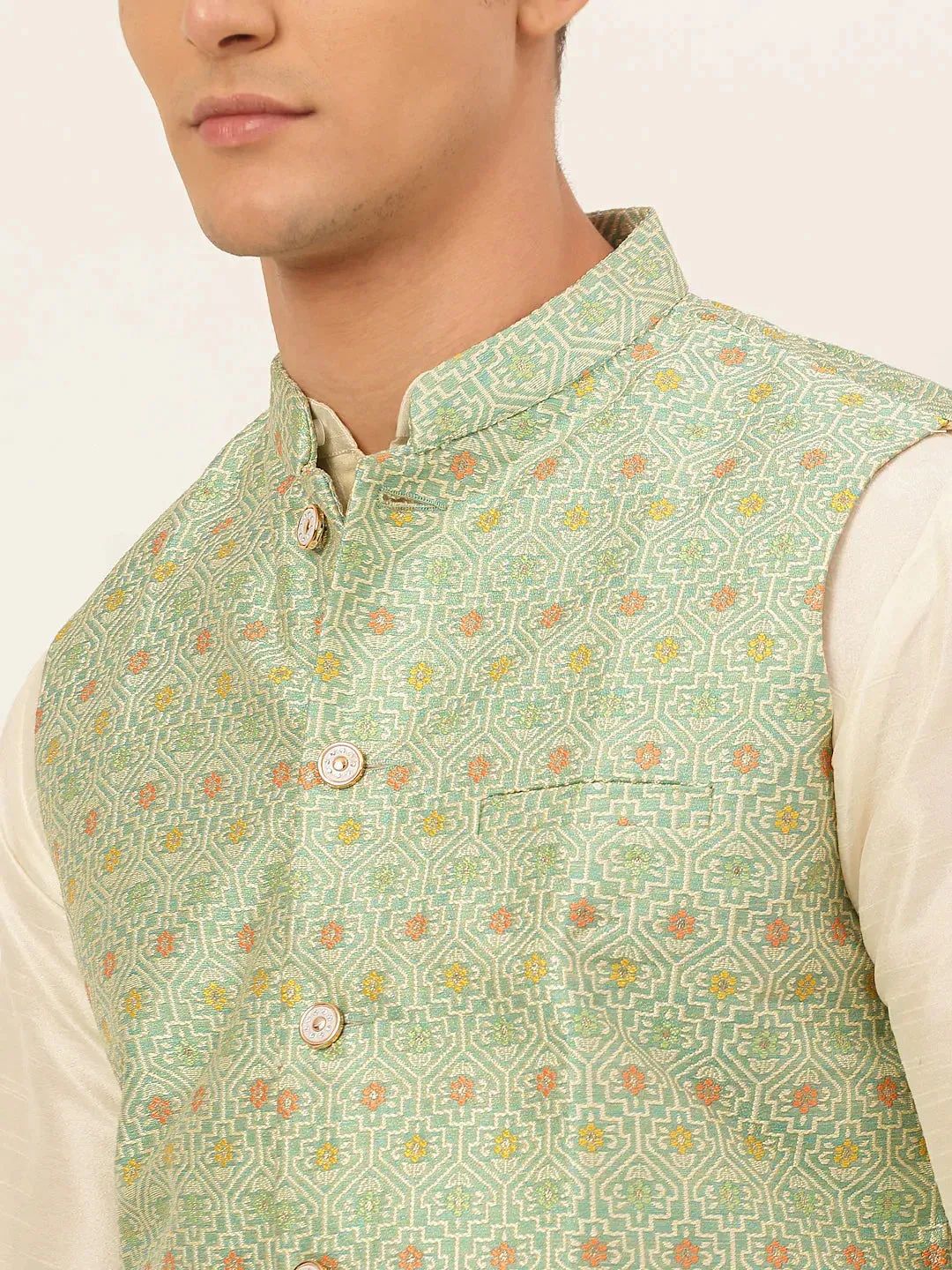 Men Green Embroidered Nehru Jacket