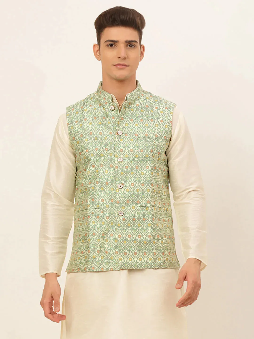 Men Green Embroidered Nehru Jacket