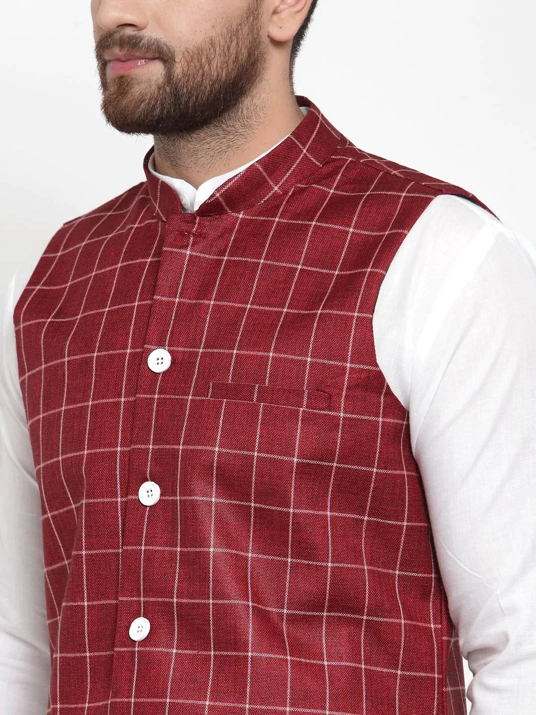 Men Maroon Checked Nehru Jacket