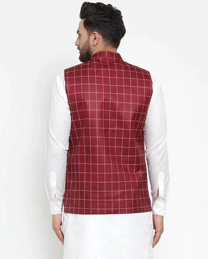 Men Maroon Checked Nehru Jacket