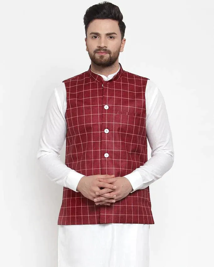 Men Maroon Checked Nehru Jacket