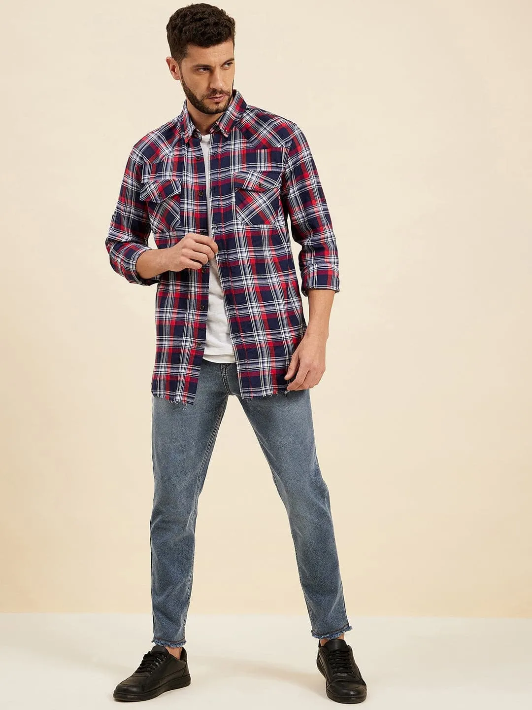 Men Navy & Red Check Shoulder Yoke Regular Shirt