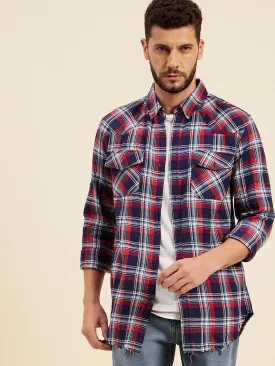 Men Navy & Red Check Shoulder Yoke Regular Shirt