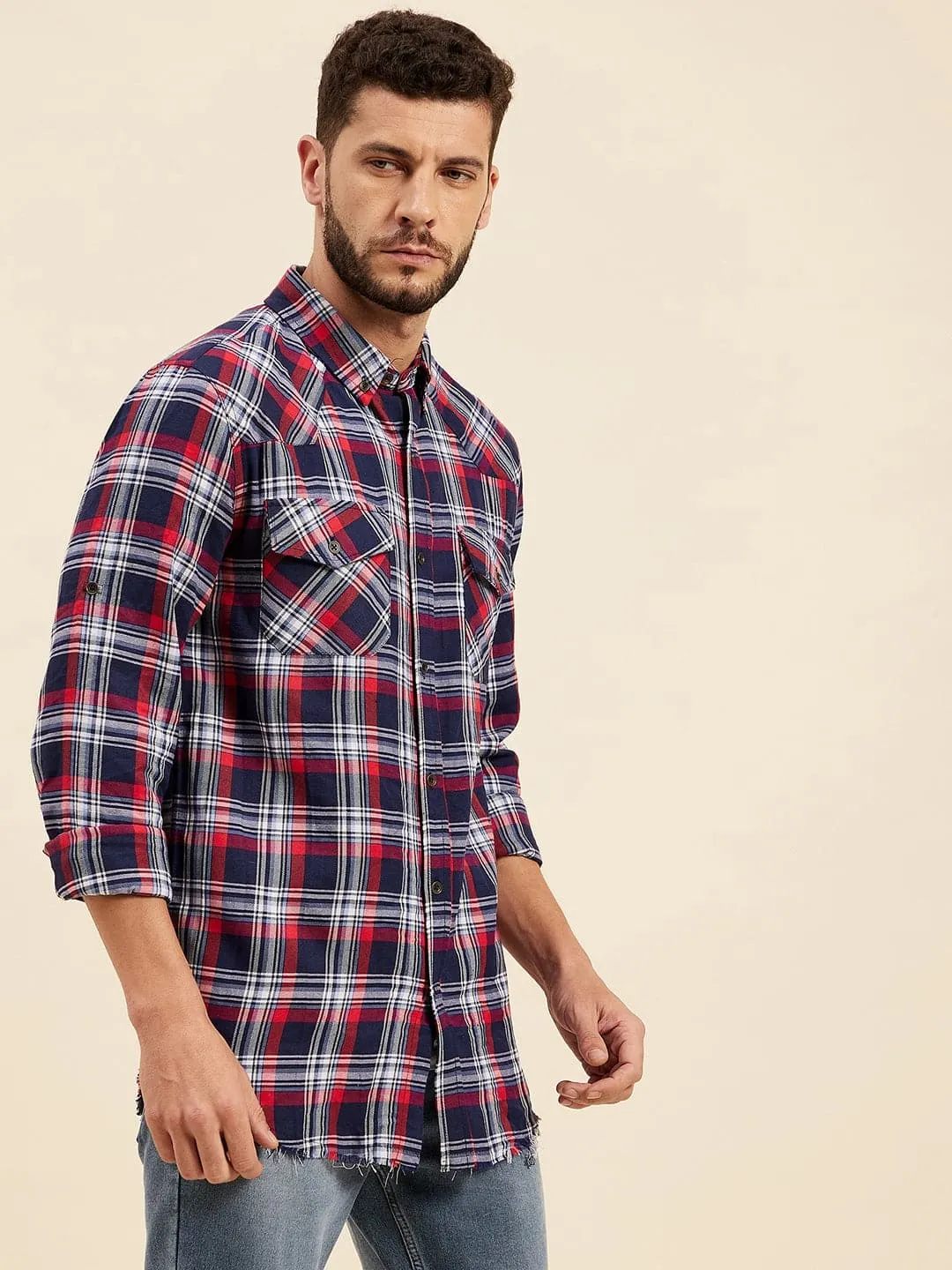 Men Navy & Red Check Shoulder Yoke Regular Shirt