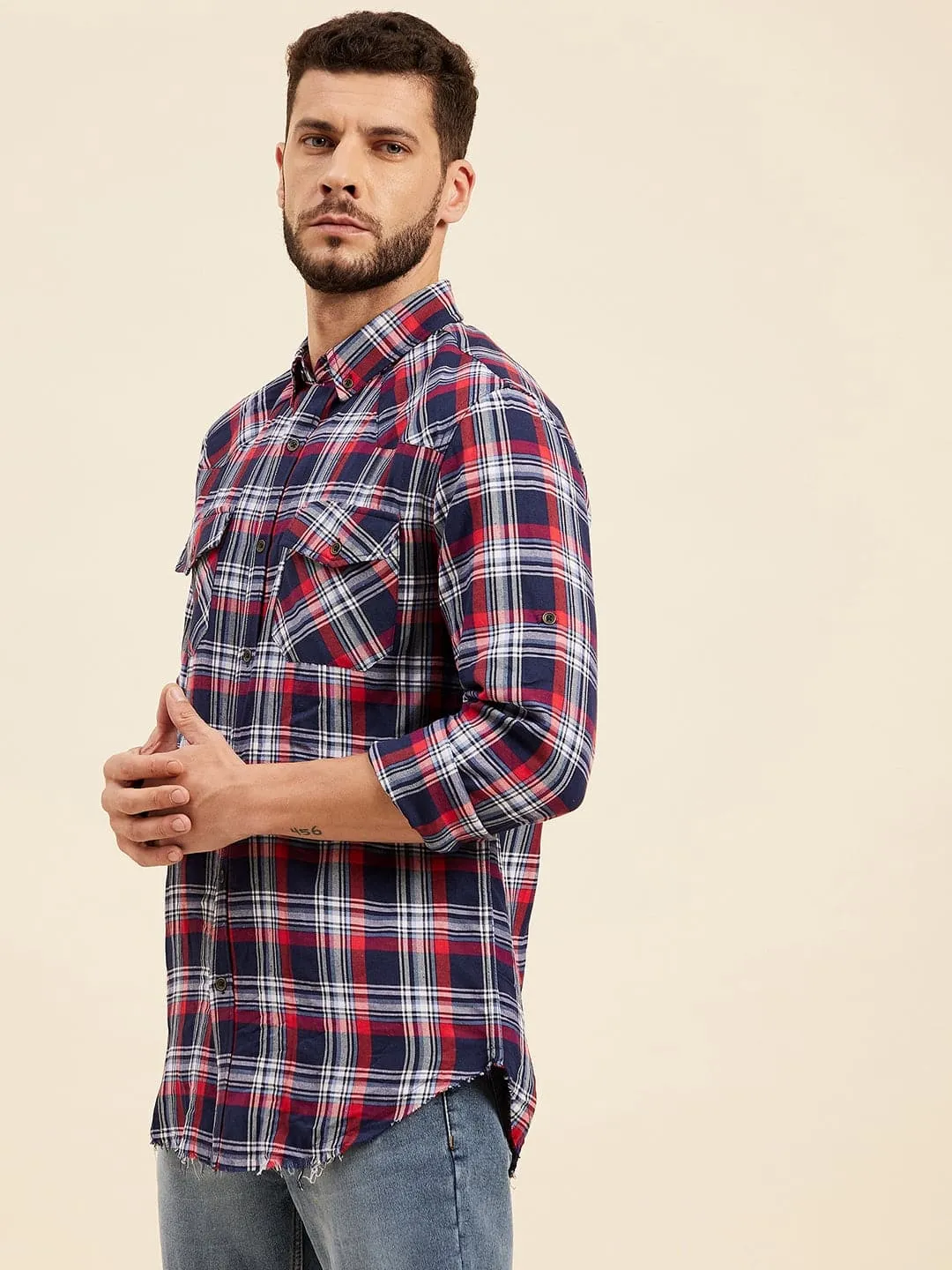 Men Navy & Red Check Shoulder Yoke Regular Shirt